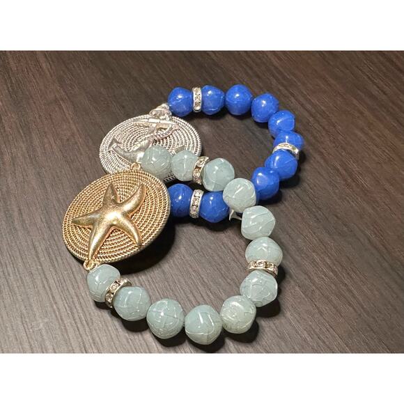 Pair of Coastal Beaded Bracelets Banded Anchor Starfish Fashion Jewelry - Picture 6 of 11